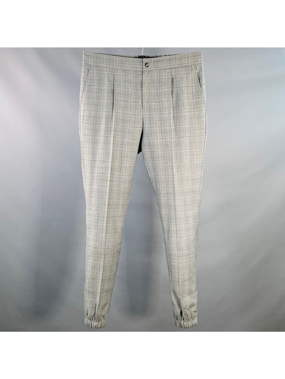 NOMINEE Size 32 Grey Blue Glenplaid Virgin Wool Pleated Casual Pants